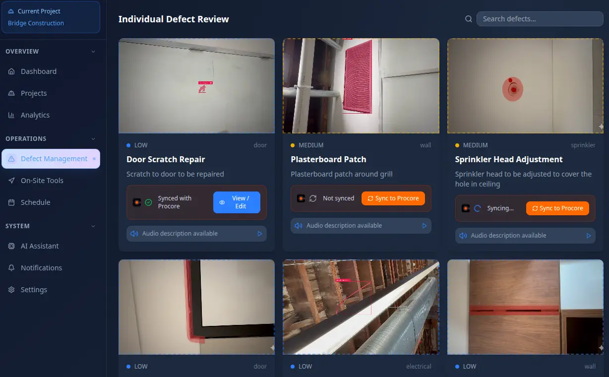 Detected defects overview dashboard